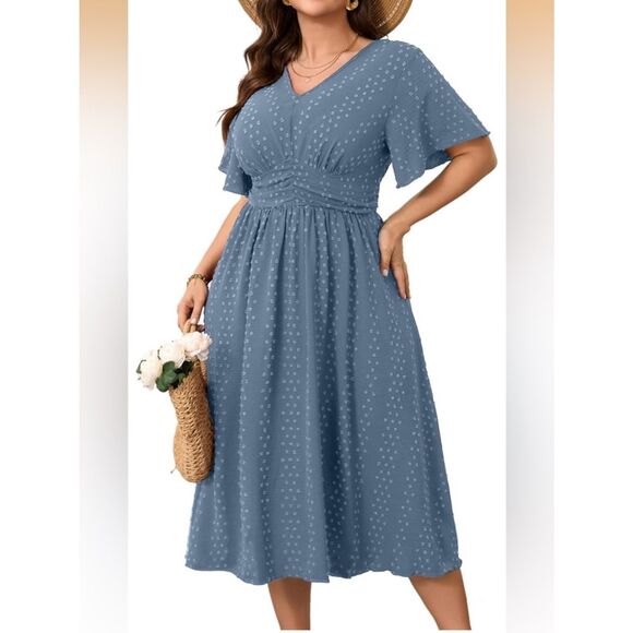 Dresses & Skirts - NWT -Maxi‎ Dress V Neck Swiss Dot A Line High Waist Boho Swing  Dresses